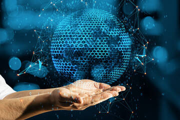Poster - Close up of male hand holding abstract globe sphere with coding and polygonal network. Future and digital world concept. Double exposure.