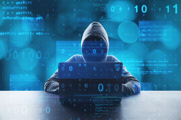 Aufkleber - Hacker at desktop using laptop with abstract glowing blue coding background. Binary code, theft, technology, data and internet concept. Double exposure.