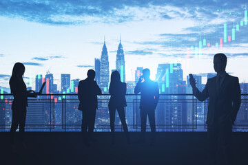 Aufkleber - Crowd of businesspeople on abstract city background with forex chart and devices. Communication, trade and money growth concept. Double exposure.