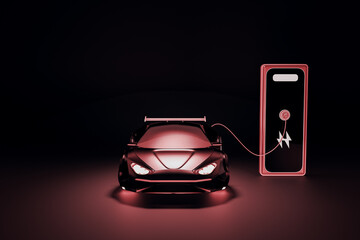 Poster - Cool red electro car charging on dark background. Alternative, electricity, vehicle and environment concept. Mock up place. 3D Rendering.