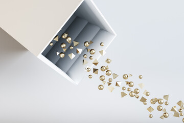 Poster - Abstract round and triangular golden particles falling out of box on light background. Celebration concept. 3D Rendering.