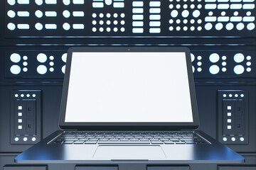 Poster - Close up of empty white laptop on dark server room background. Mock up, 3D Rendering.