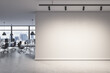 Blank wall with mock up place in modern office interior with window and city view. 3D Rendering.