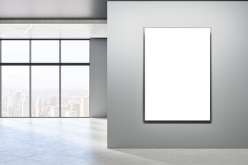 Poster - Modern empty concrete room interior with blank mock up frame on wall, windows, city view, sunlight and shadows. 3D Rendering.