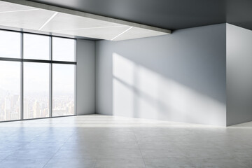 Minimalistic empty concrete room interior with windows, city view, sunlight and shadows. 3D Rendering.