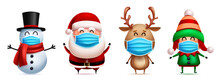 Christmas Characters In Facemask Vector Set. Santa Claus, Elf, Snowman And Reindeer 3d Friendly Characters Wearing Mask For Xmas Covid-19 Safety Design. Vector Illustration.

