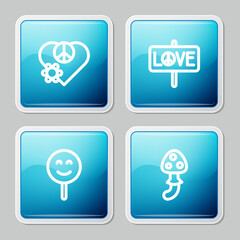 Poster - Set line Love peace, Peace, Smile face and Psilocybin mushroom icon. Vector