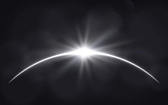 Fototapete - Sun eclipse. Solar ring on dark backdrop. Planet with sun rays. Abstract light effect. White glow in space. Earth horizon with lights. Realistic sunrise with glares. Vector illustration