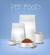 Pet food realistic vector packaging and feed bowl 3d mockups. White blank tin cans, quad seal foil or paper bags and plate with dry pads for dog or cat animal, pet treats advertising poster