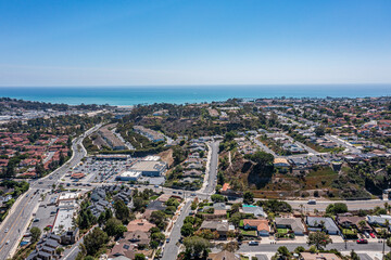 Shopping center aerial view. Southern California community near the ocean