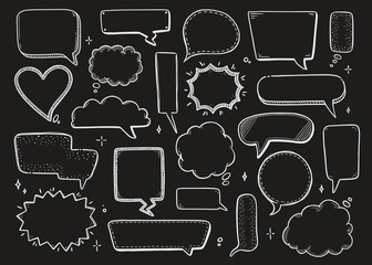Poster - Comic speech bubble set with round, star, cloud shape. Hand drawn sketch doodle style on chalkboard background. Vector illustration speech bubble chat, message element for quote text.