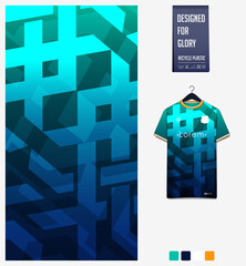 Soccer jersey pattern design. Geometric pattern on green background for soccer kit, football kit or sports uniform. T-shirt mockup template. Fabric pattern. Abstract background. 