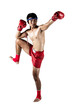 © kromkrathog - Muay thai, Asian man exercising thai boxing isolated on white background