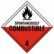 Spontaneously combustible class 4 placard sign. White, Red background warning label. Symbols safety for shipments of hazardous materials