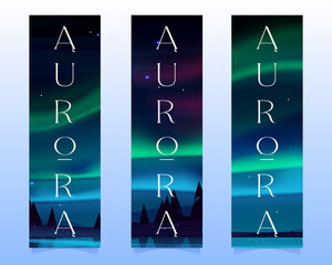 Wall Mural - Aurora borealis, northern lights in arctic night sky with stars on bookmarks. Vector vertical banners with cartoon winter landscape with lake, silhouettes of trees and polar lights