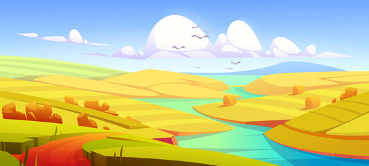 Wall Mural - Rustic autumn meadow landscape, rural yellow field with dirt road, river, hay stacks and mountain on horizon. Farmland parallax effect, scenery countryside fall season nature Cartoon vector background