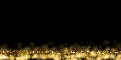 Wall Mural - Golden particle dust on black. Abstract luxury background with defocused glitter lights. 