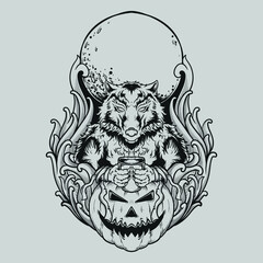 tattoo and t shirt design black and white hand drawn werewolf drink cofee and halloween pumpkin engraving ornament