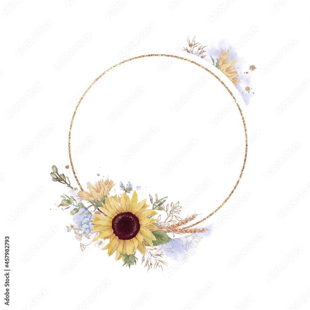 Set of sunflower in a gold frame. Watercolor illustration Stock ...