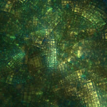 Abstract Fractal Art Background Pattern Of Green And Gold Squares, Suggestive Of Mosaic Tiles.