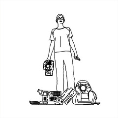 Wall Mural - Vector design of sketch of a person and his luggage