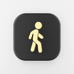 Poster - Golden walking man flat outline icon. 3d rendering black square button key, interface ui ux element.