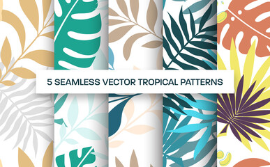 Poster - Vector seamless pattern template, presentation illustration with tropical leaves