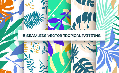 Poster - Vector seamless pattern template, presentation illustration with tropical leaves