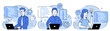 © Yurii - Concept of script coding, programming. A programming language. Programmer working on web development on computer. Software developers. Workplace of the programmer. Set of Flat illustrations