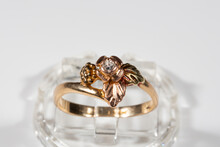 Gold Ring With A Small Diamond. Frame In The Shape Of Grape Leaves Based On The Black Hills