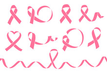 Big Set Of Pink Ribbons Isolated Over White Background. Symbol Of Breast Cancer Awareness Month In October. Vector Illustration.