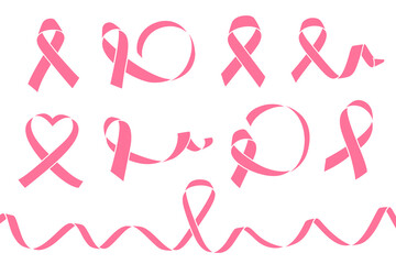 Wall Mural - Big set of pink ribbons isolated over white background. Symbol of breast cancer awareness month in october. Vector illustration.