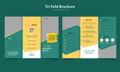 Tri-Fold Business Brochure Template Design With Double-Side On Green Background.