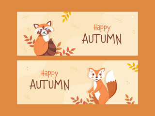 Wall Mural - Happy Autumn Banner Or Header Design Set With Cartoon Raccoon, Fox And Leaves On Pastel Yellow Background.