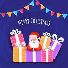 Merry Christmas Concept With Cute Santa Claus And Colorful Gift Boxes And Bunting Flags On Blue Brush Texture Background.