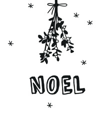 Poster - Hand drawn Christmas mistletoe and letter on white background. Creative ink art work. Actual vector doodle drawing decorations and text 