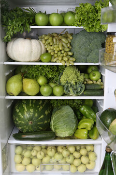 refrigerator, content. color diet. organic green food. green nutrition in fridge, refrigerator. heal