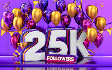 Canvas Print - 25k followers celebration, thank you social media banner with purple and gold balloon 3d rendering