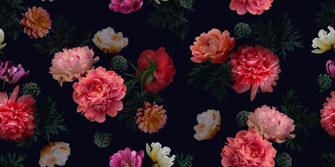 Pink flowers peonies on a black background. Floral seamless pattern.