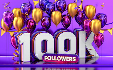 Wall Mural - 100k followers celebration, thank you social media banner with purple and gold balloon 3d rendering