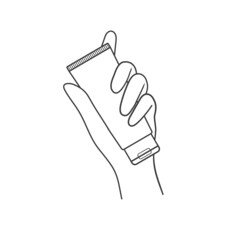 Hand holds a tube of cream. Vector illustration isolated on white background