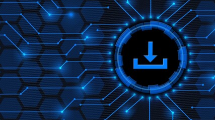 Poster - DOWNLOAD symbol between information connecting lines - abstract background of blurred honeycomb elements - data storage business technology network concept - 3D illustration