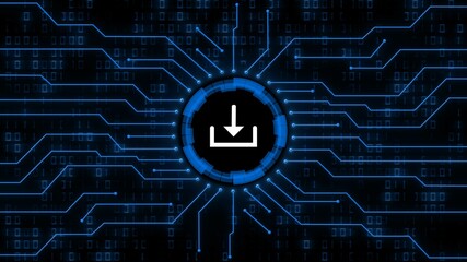 Poster - Download symbol centered into information connecting lines on blurred binary code background - data storage business technology network concept in blue color - 3D illustration