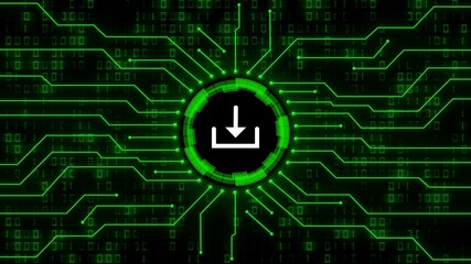 Poster - Download symbol centered into information connecting lines on blurred binary code background - data storage business technology network concept in green color - 3D illustration