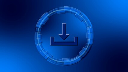 Poster - Download symbol in center of circular elements in blue color - data storage business technology network concept - 3D illustration