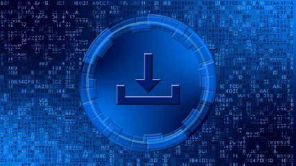 Poster - Download symbol in center of circular elements on digital background - graphic elements in blue color - data storage business technology network concept - 3D illustration