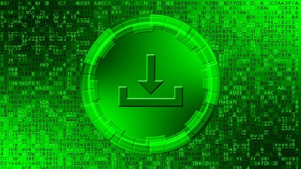 Poster - Download symbol in center of circular elements on digital background - graphic elements in green color - data storage business technology network concept - 3D illustration