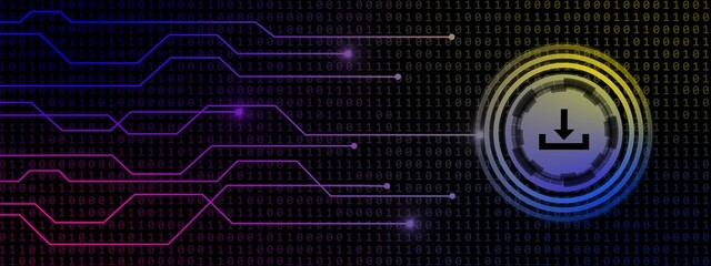 Poster - DOWNLOAD symbol with information connecting lines on binary code background - data storage business technology network concept - 3D illustration