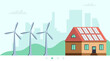 Flat vector illustration of a green ecology. house with Solar panels Wind turbines on city background