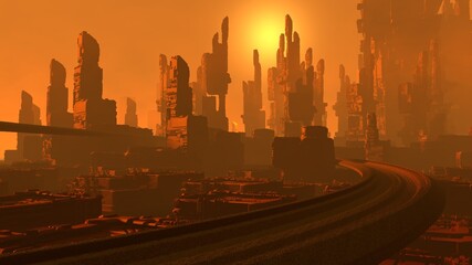 Wall Mural - Futuristic architecture rendering. Science fiction cityscape in sunset colors. 3D rendering